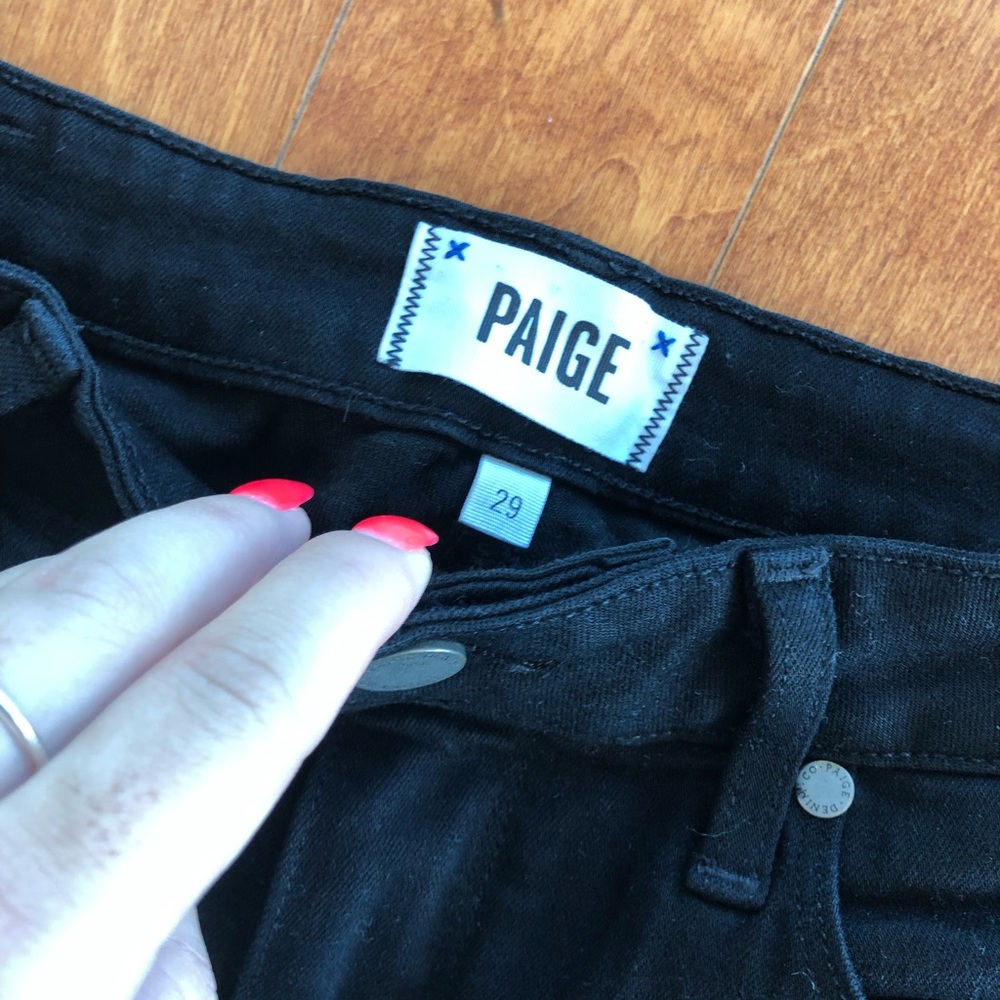 Black Paige jeans with distressed knees